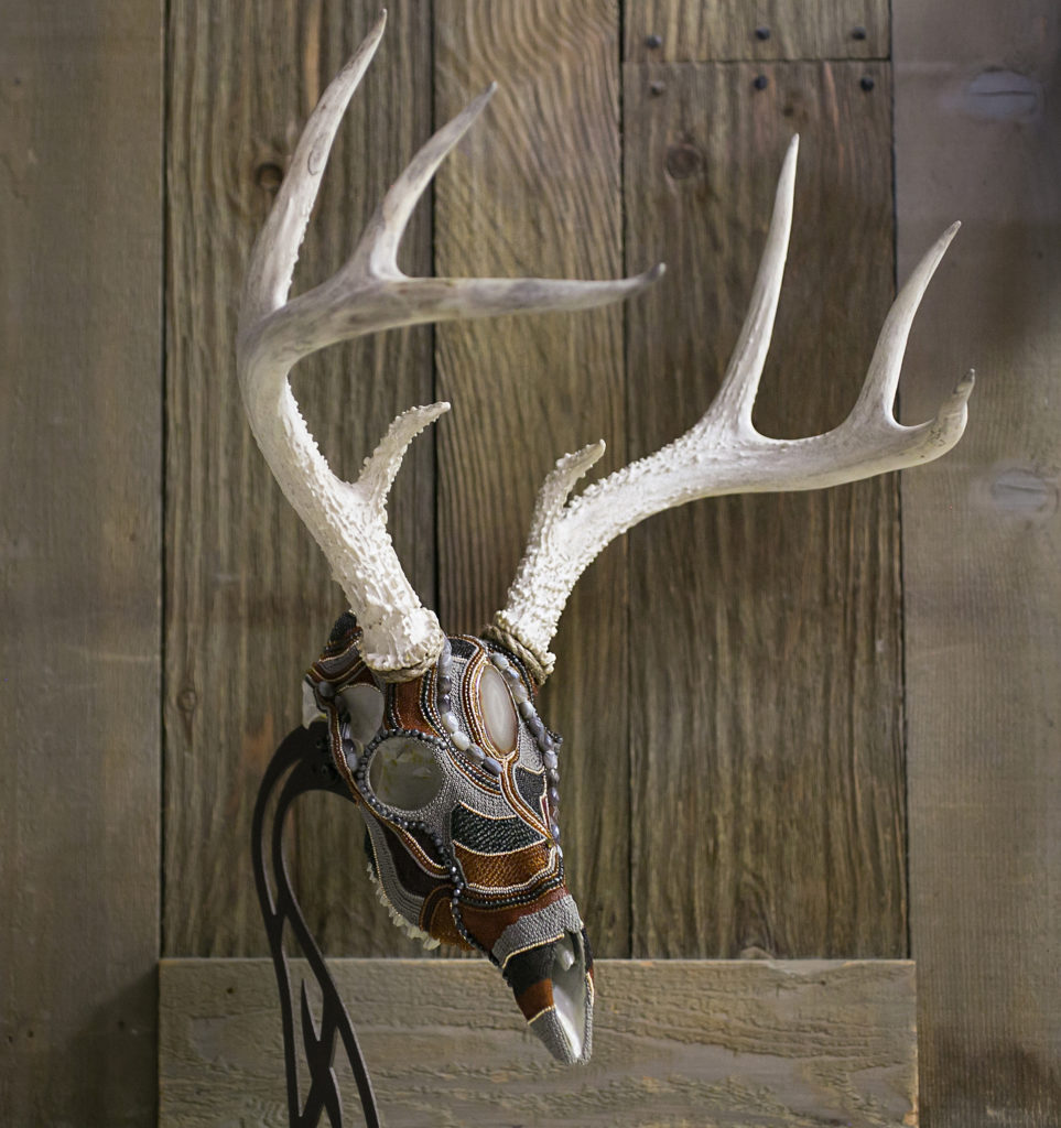 "Mysterious", a whitetail buck rustic-chic beaded skull art taxidermy alternative three quarter view