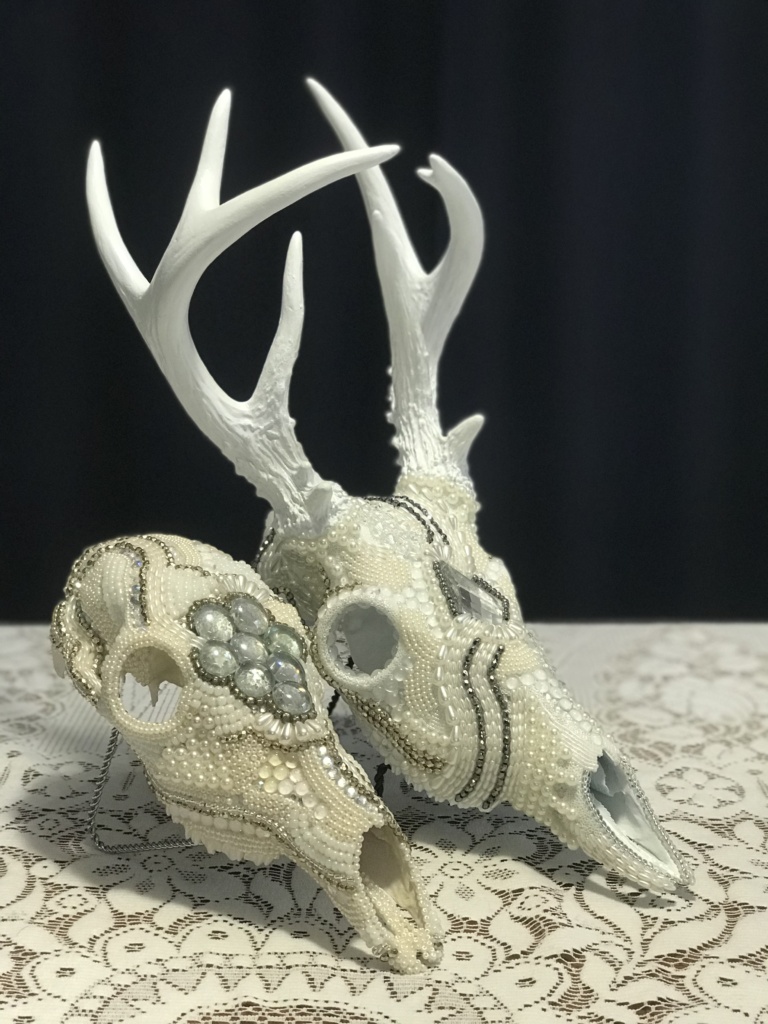 Frozen-In-Time and White Doe, Whitetail deer beaded skull mount set.