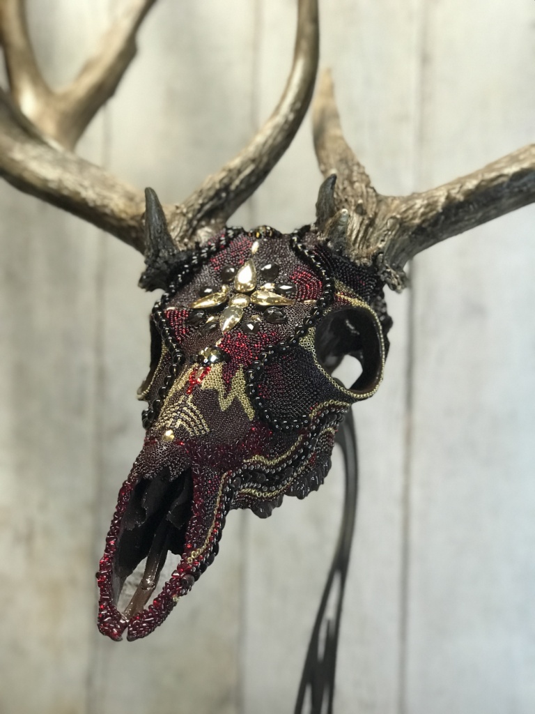 The Preacher, whitetail deer beaded skull art by Leesa Clark.